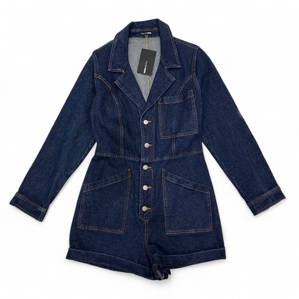 NEW Fashion Nova Blue Indigo Long Sleeve Denim Romper Women's Medium
